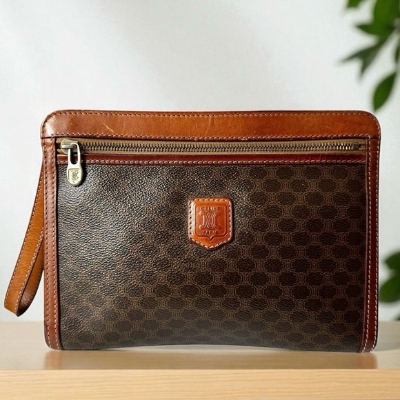 Celine Brown & Tan Macadam Leather Wristlet Clutch Bag - Picture 1 of 13